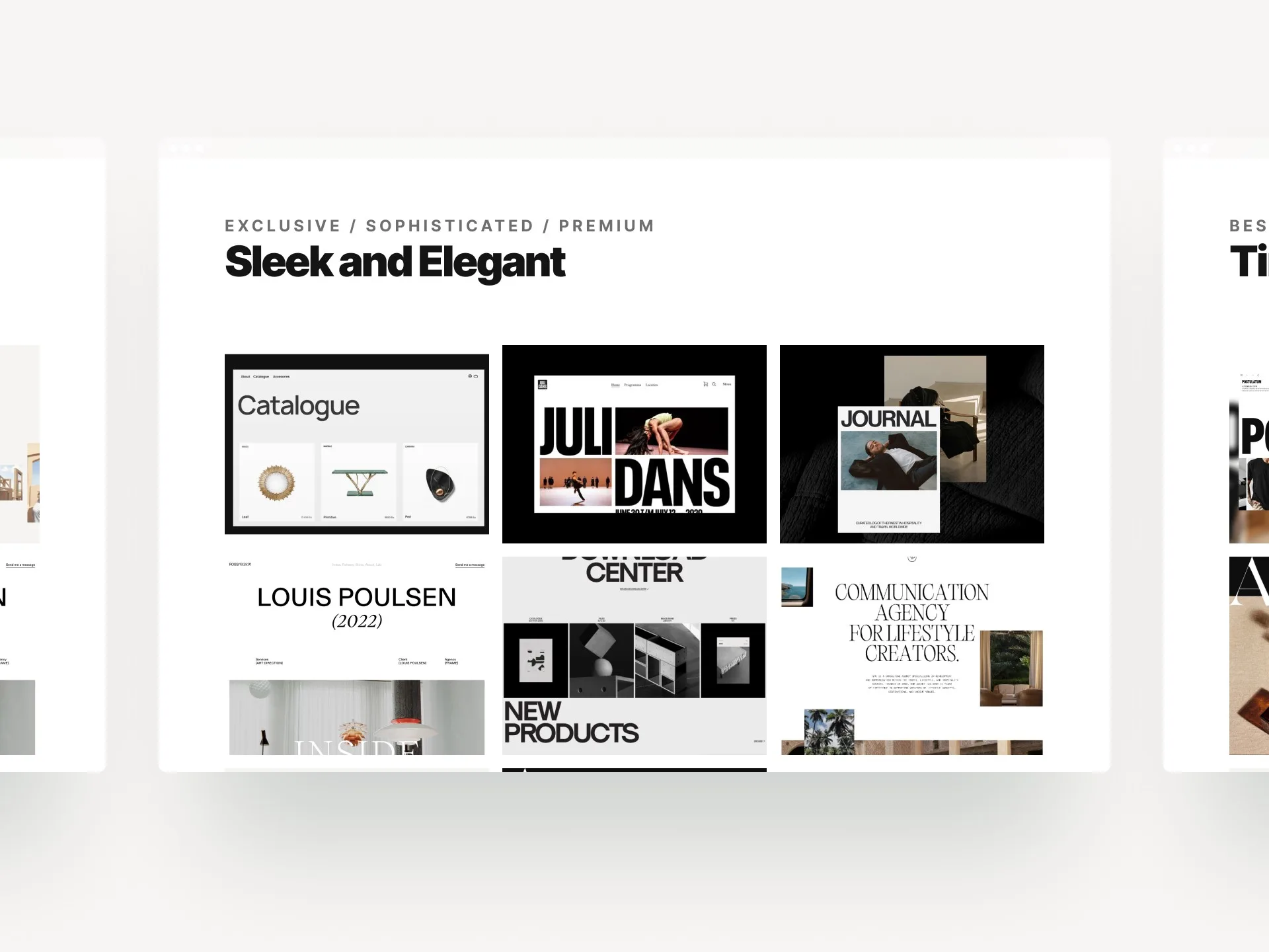 Mood board titled Sleek and Elegant, collecting editorial layouts and premium product imagery