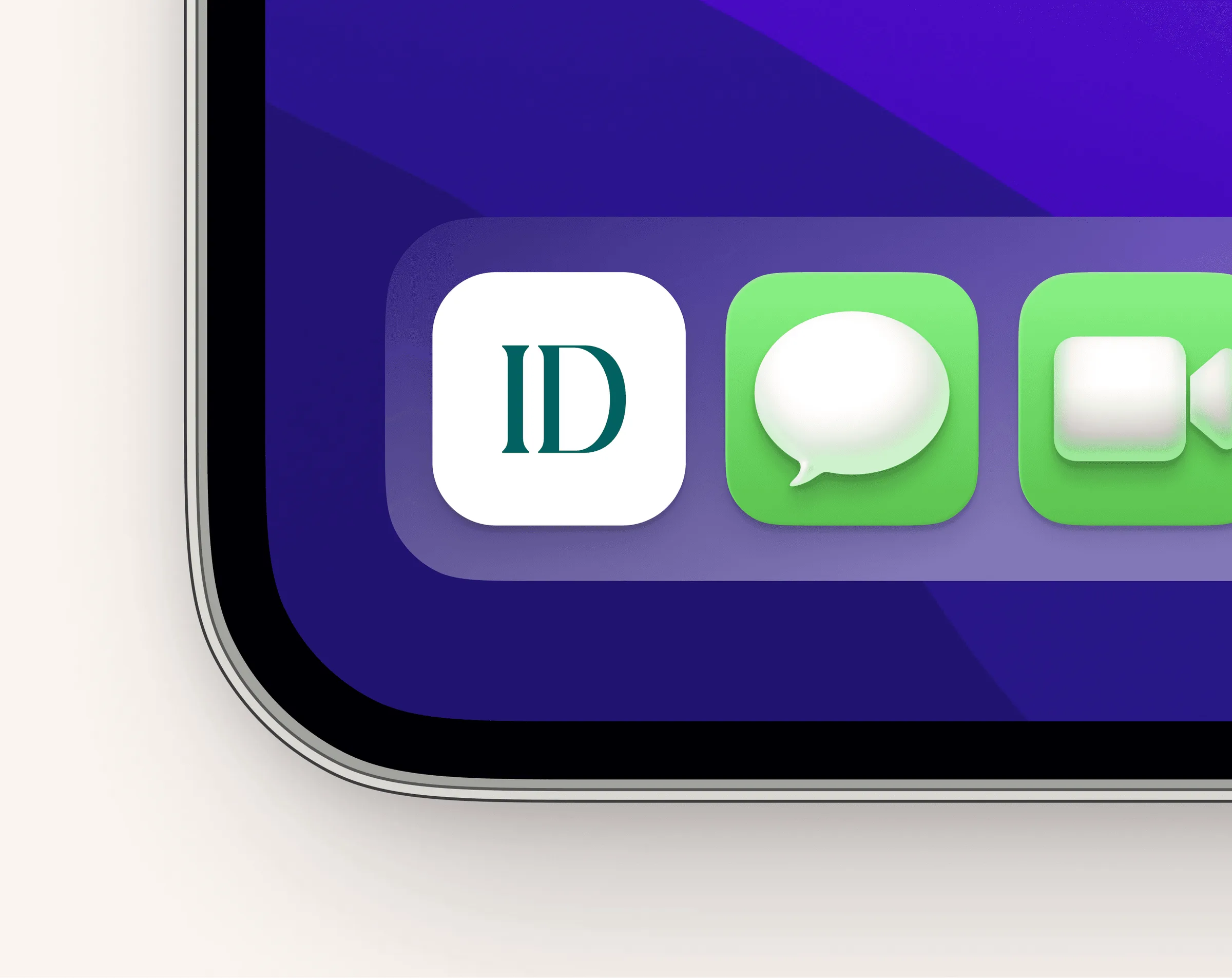 IDOSY app icon, a teal ID monogram, in a phone dock beside Messages and FaceTime