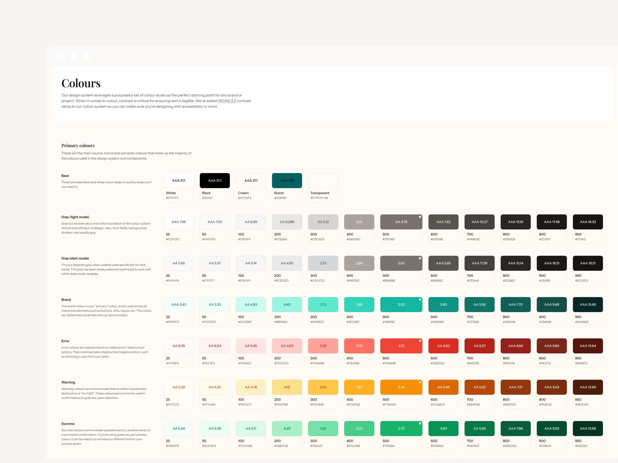 Design system colour page listing primary, neutral and accent colour scales