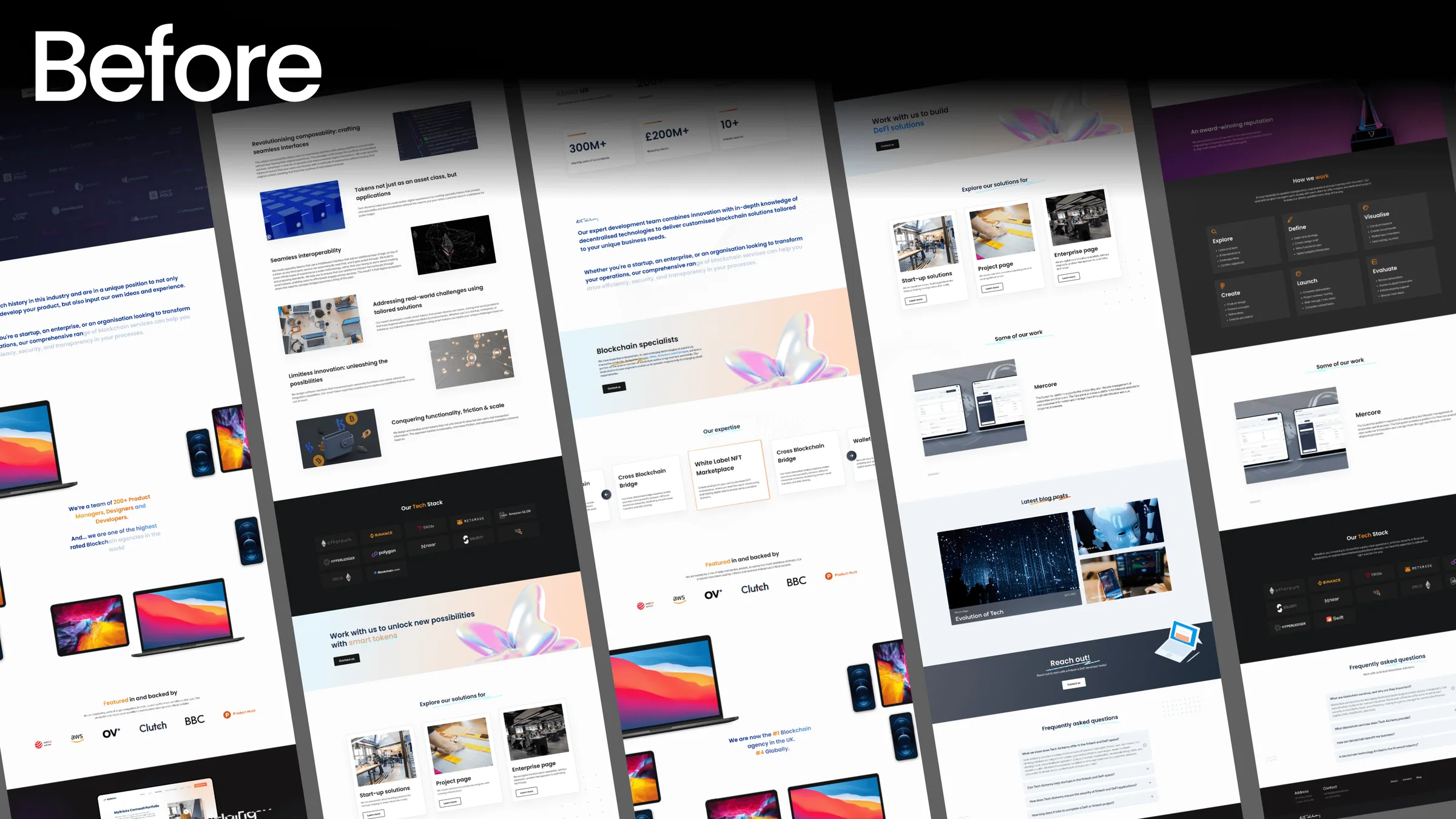 The previous Tech Alchemy website, shown as a row of tilted page screenshots labelled Before