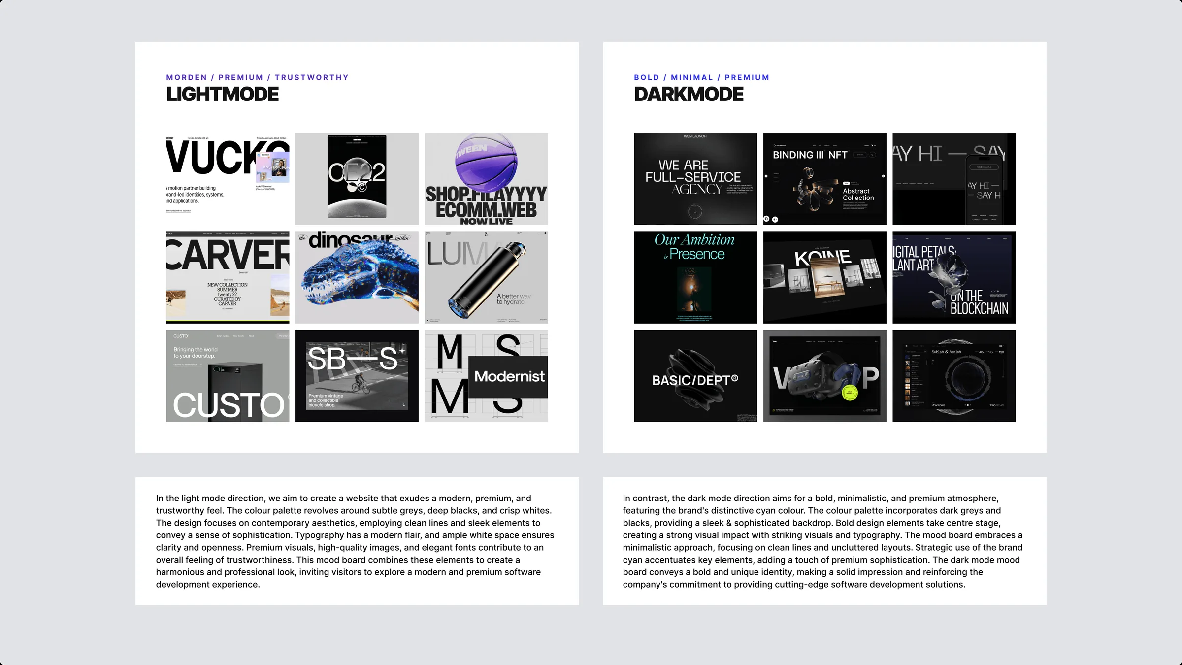 Light mode and dark mode mood boards exploring bold typography and premium imagery