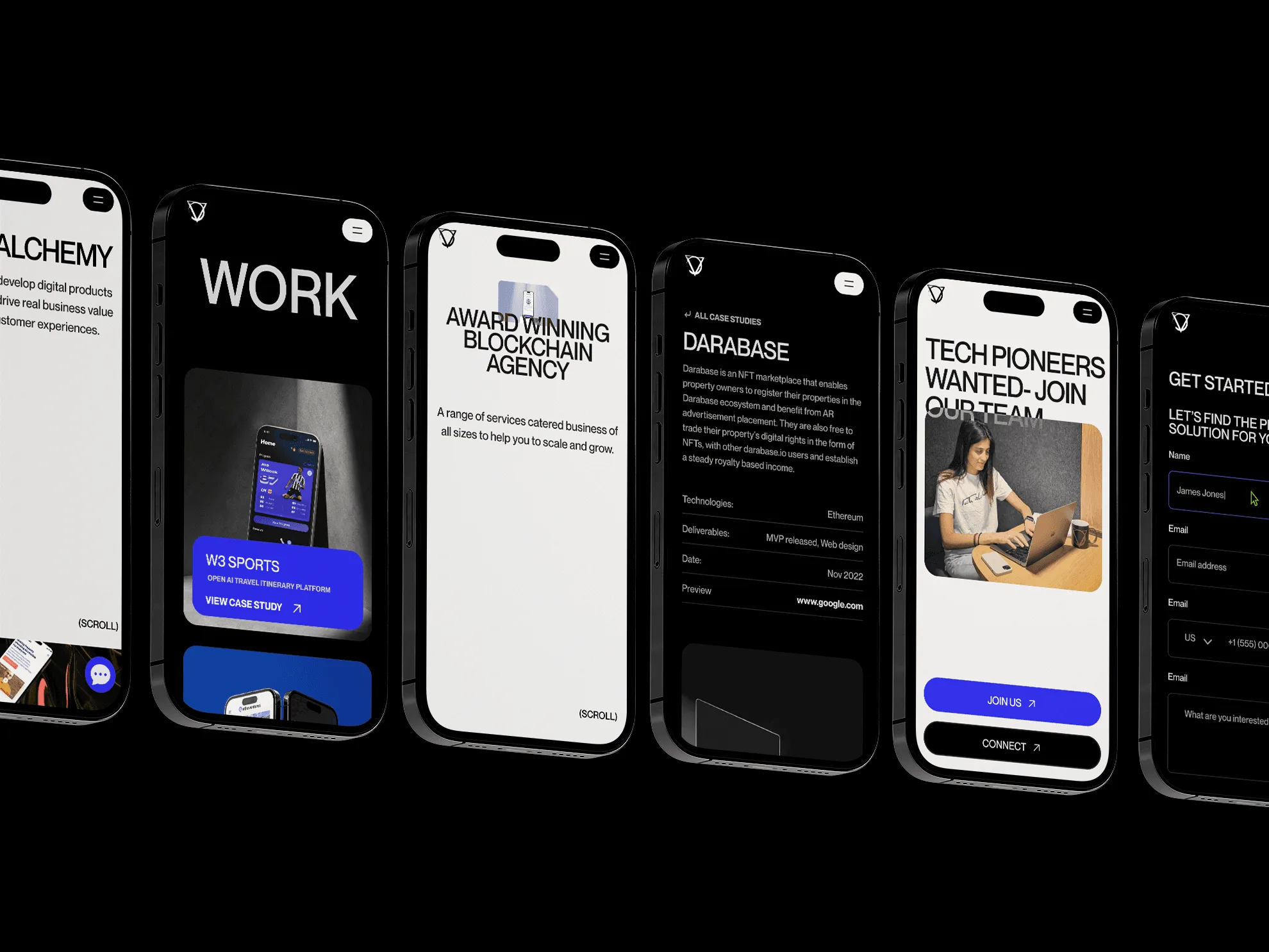 Row of phones showing the rebranded Tech Alchemy mobile site, including Work, Database and Careers pages