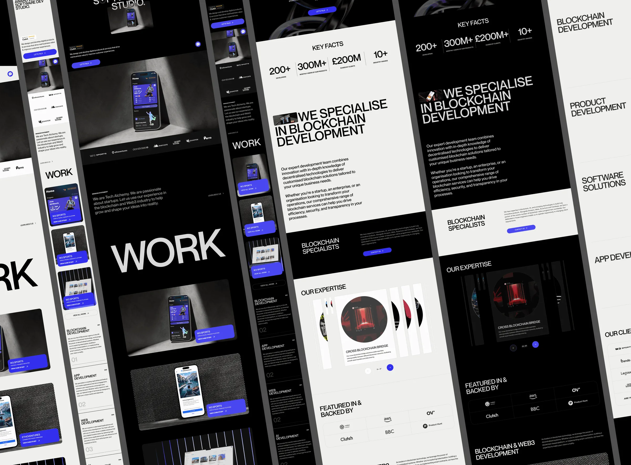Angled collage of Tech Alchemy pages showing key statistics, services and the Work page