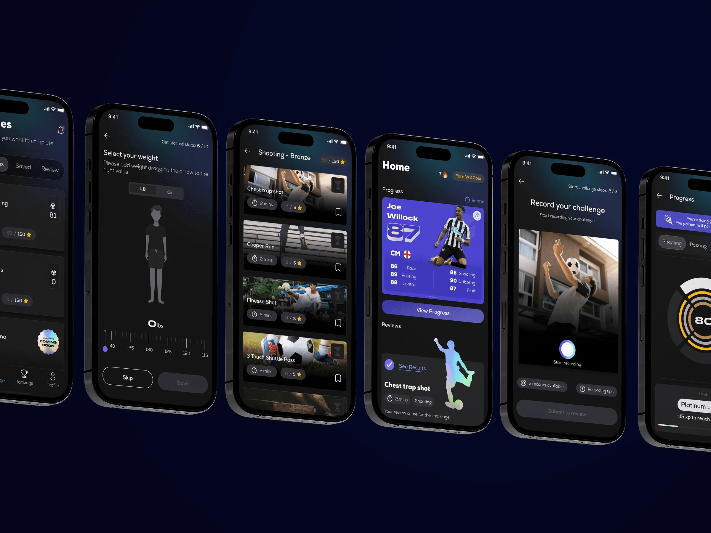 Row of phones on deep navy showing W3 Sport screens, from weight entry to a player card and challenges