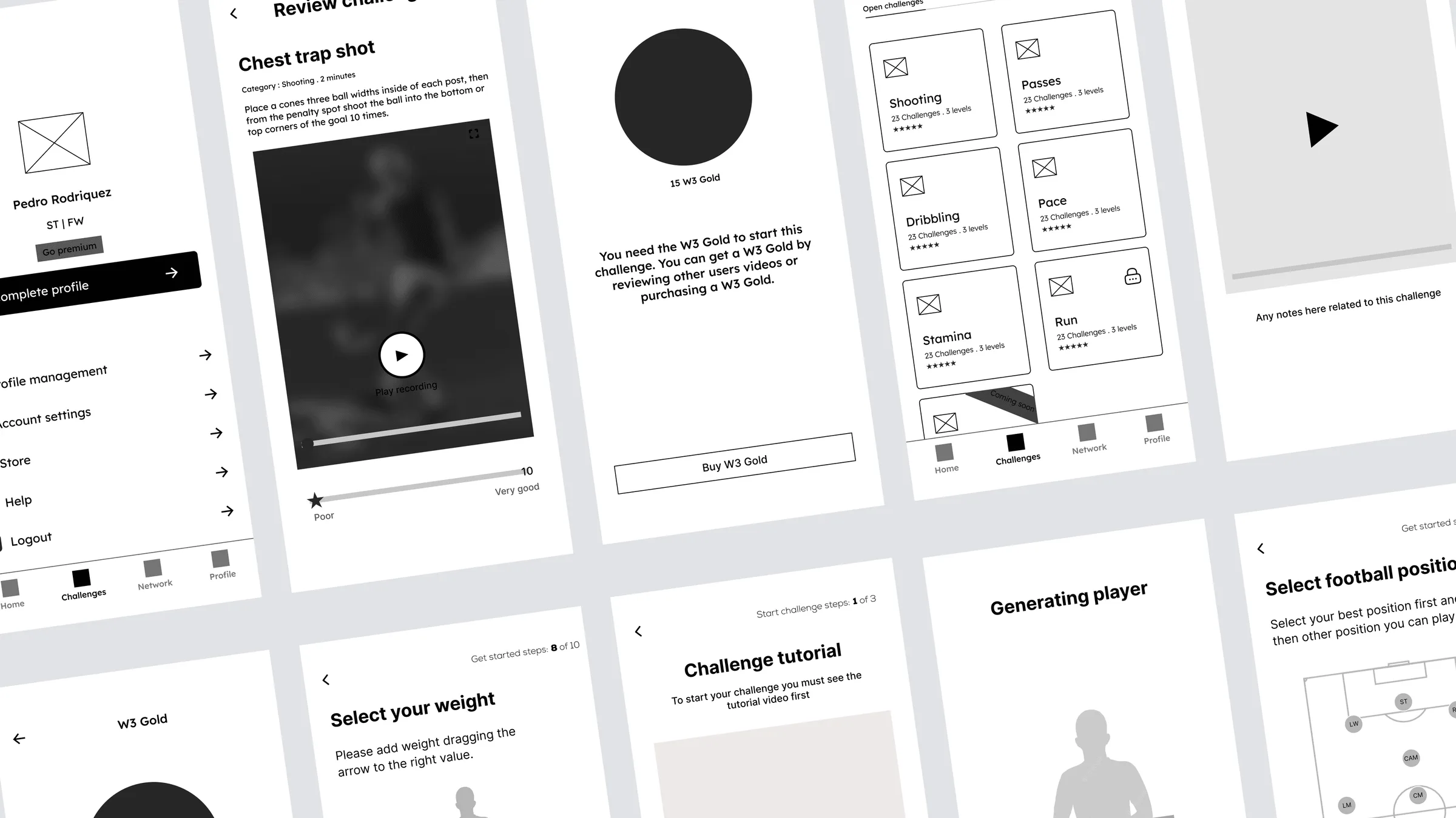 Greyscale wireframes for challenges, tutorials and player setup screens