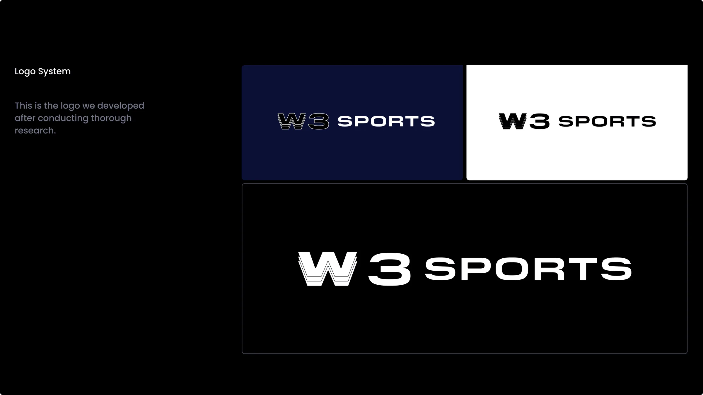 W3 Sports logo system shown on navy, white and black backgrounds