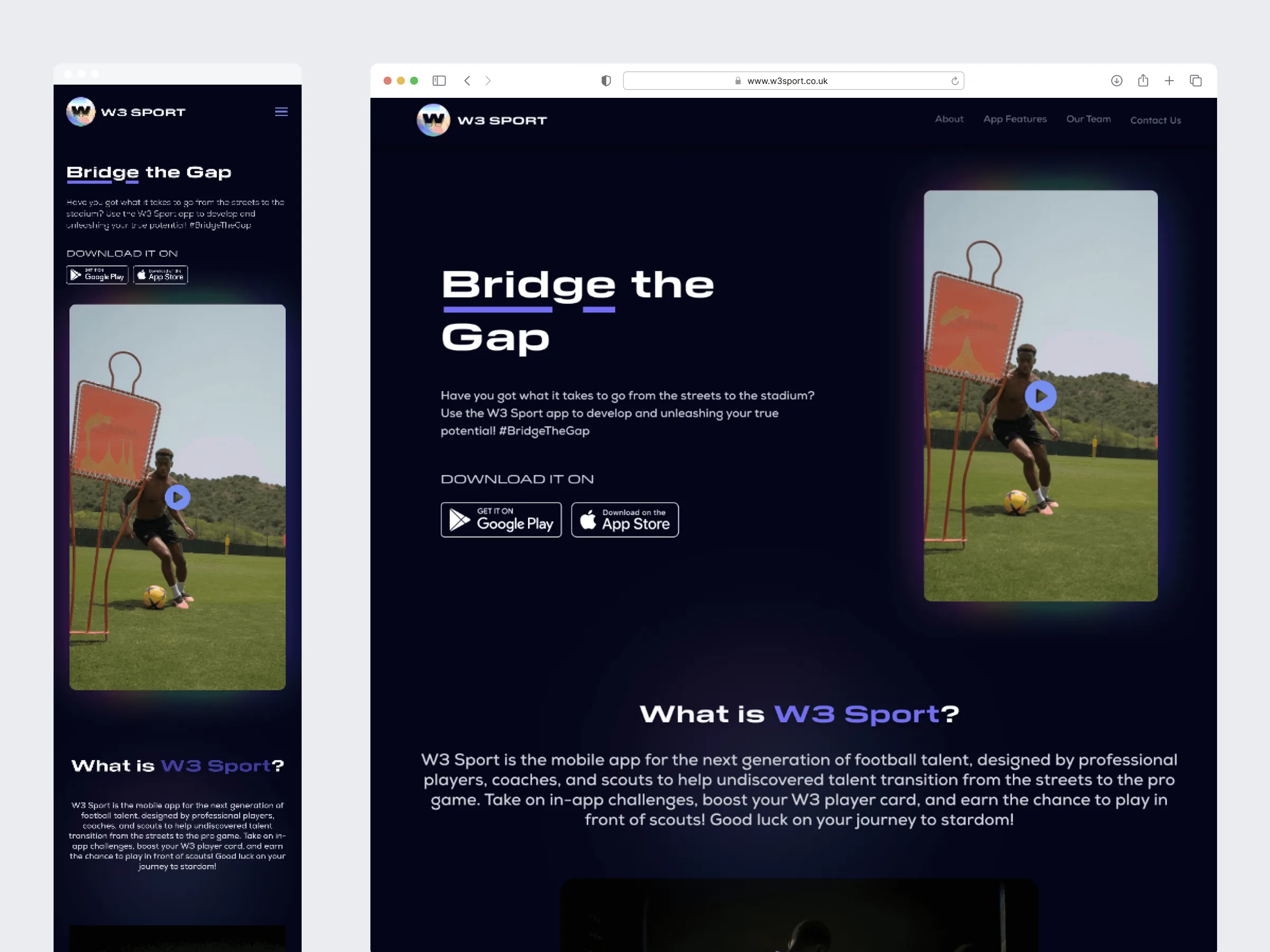 W3 Sport landing page on desktop and mobile, headline reading Bridge the Gap