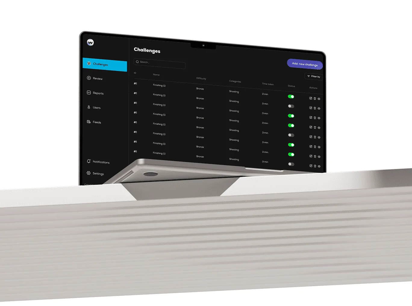 W3 Sport admin dashboard on a laptop, listing challenges with status toggles